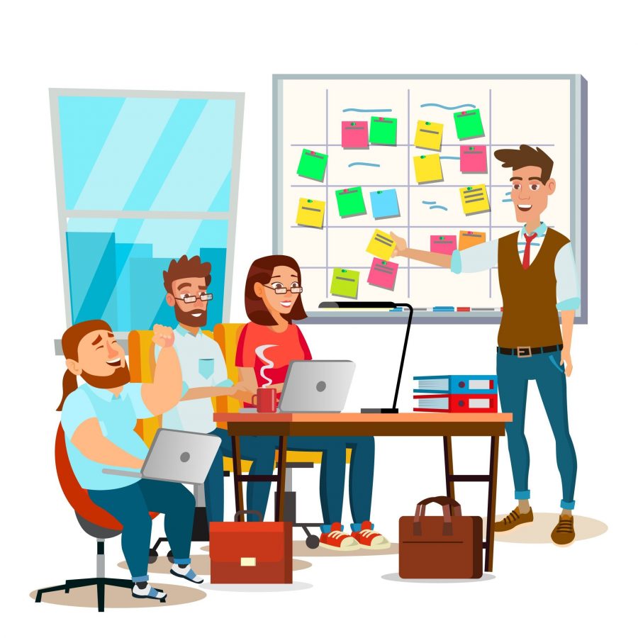 SEO-网站建设-Business Characters Scrum Team Work Vector. Office Tasks Process. Scrum Planning Board. Whiteboard And Process Teamwork. Programming And Planning. Scheme Methodology. Flat Cartoon Illustration