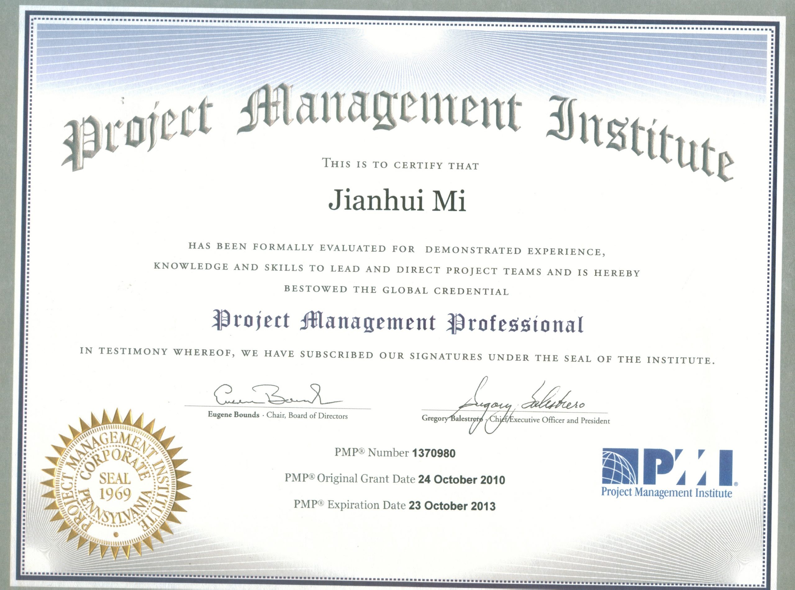 米国生活-Mi Jianhui-PMP-Certificate
